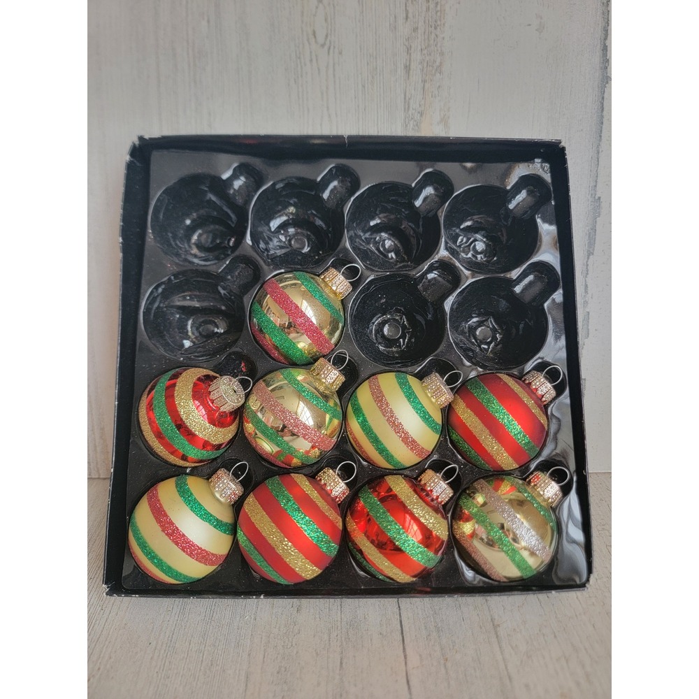 Vintage mini glitter golden striped ball set glass ornament red green unique